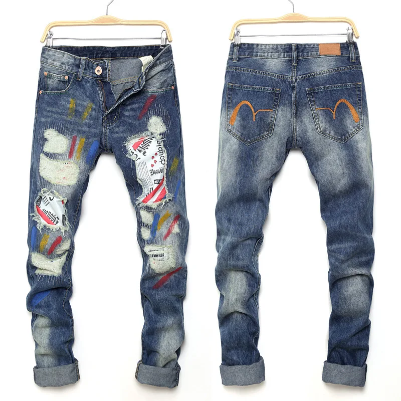 

Men's Ripped Jeans Street Lacquered Crow Trousers Trendy Male Casual Straight Stick Cloth Throwing Fashion Beggars' Denim Pants