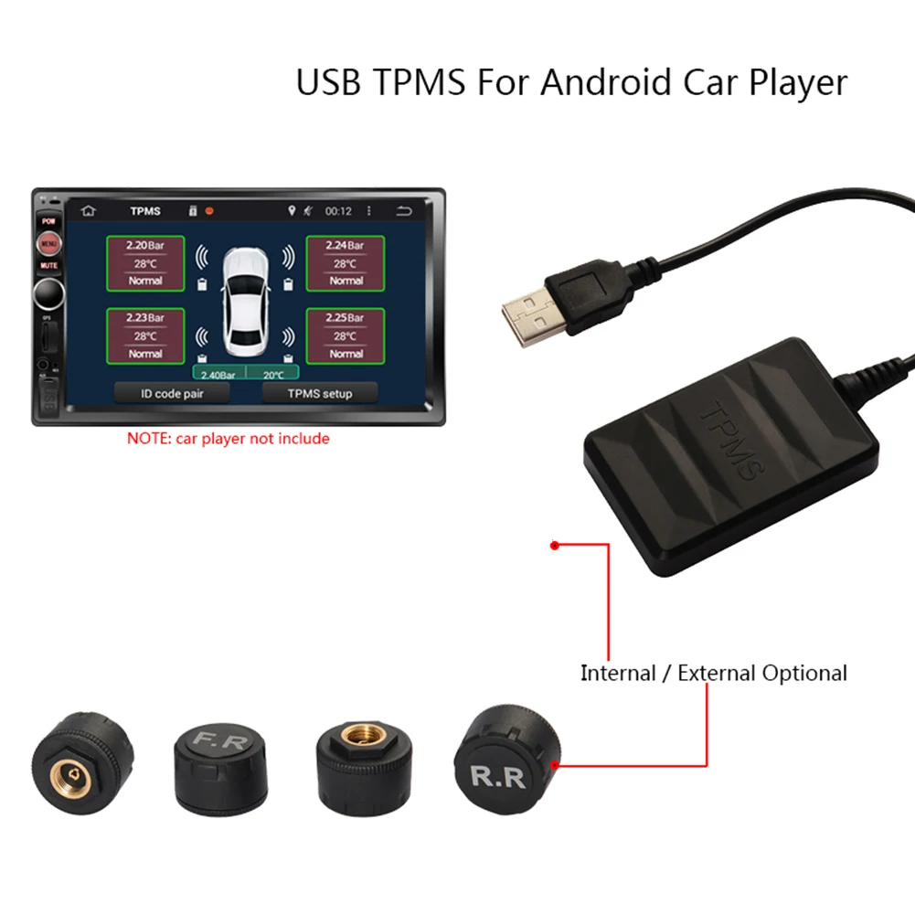 Ai CAR FUN Android TPMS For Car Radio DVD Player Tire Pressure Monitoring System Spare Tyre Internal External Sensor USB TMPS