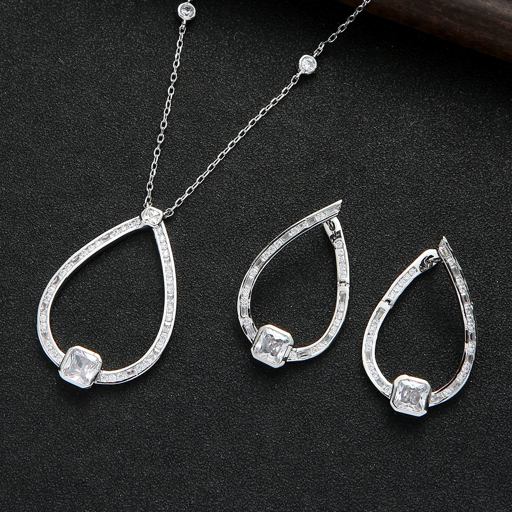 

Luxury Charms U Shape Statement Necklace Earring Set For Women Full Cubic Zircon Wedding Bridal DUBAI Dangle Earring E7972