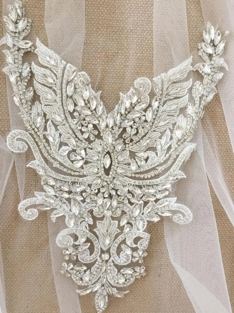 1 pc Deluxe Rhinestone Bead Bridal Bodice Applique in Silver,Clear Crystal Applique for Wedding Gown Bridal Dress Haute Couture