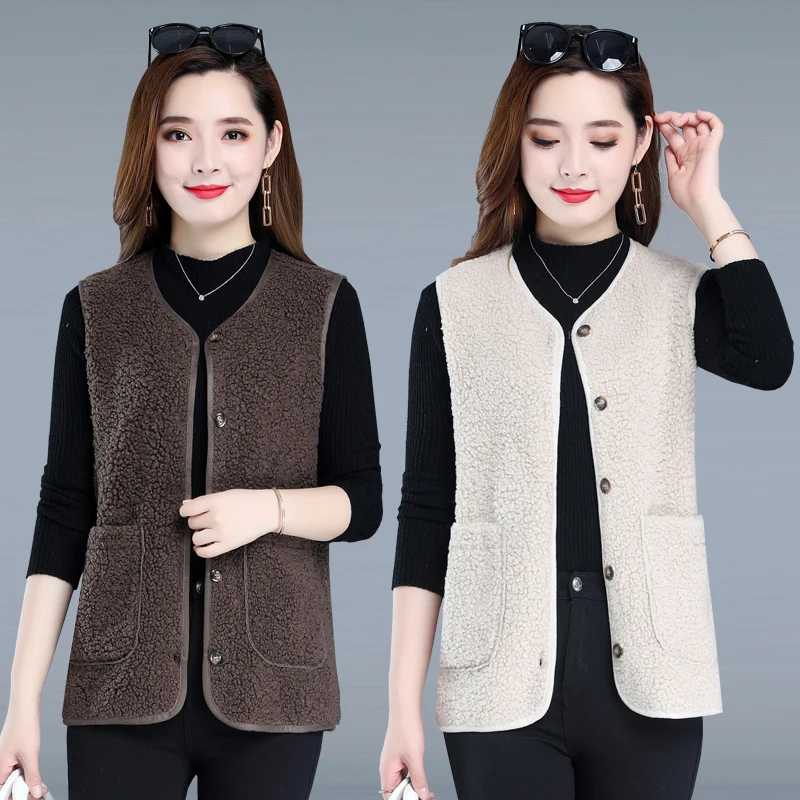 

5XL 6XL Lamb Wool Autumn Winter Coat Women Jacket Fleece Shaggy Warm Sleeveless Waistcoat Overcoat Single Breasted Outwear Vest