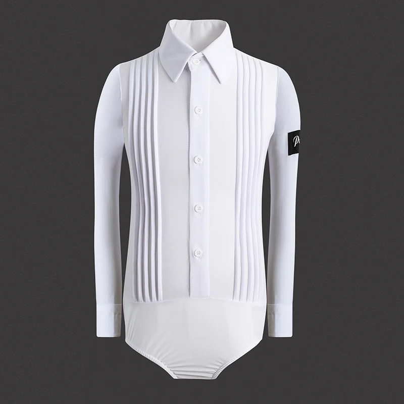 Latin Dance Competition Tops For Men Boys Long Sleeves Leotard White Professional Dance Costume Male Ballroom Shirts DNV15859