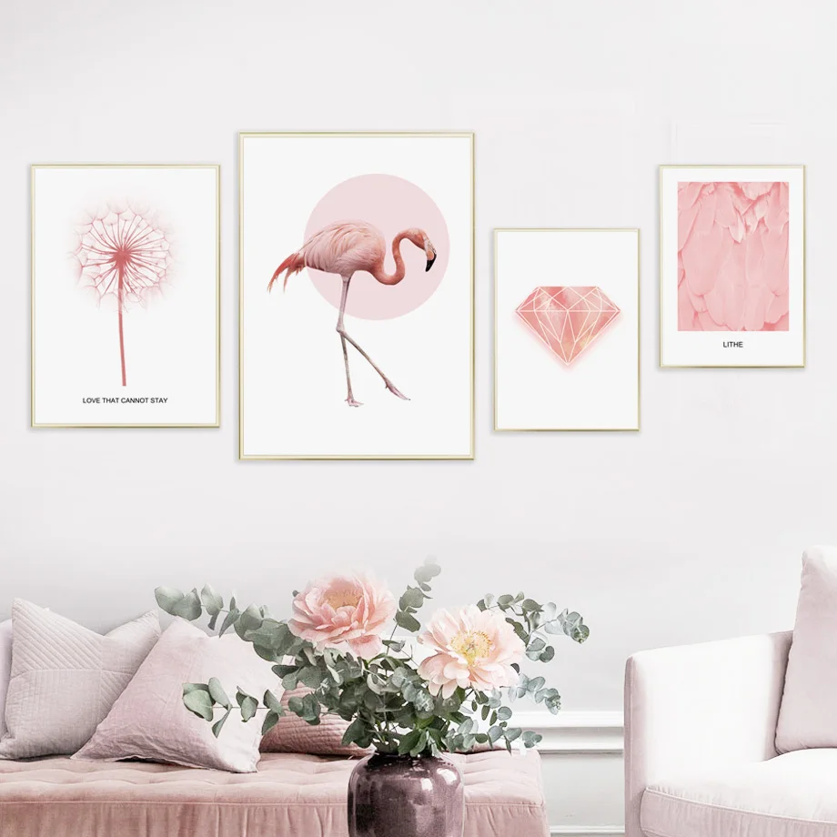 Pink Dandelion Flamingo Feather Geometry Wall Art Canvas Painting Nordic Posters Prints Pictures Nordic Style Modern Home Decor