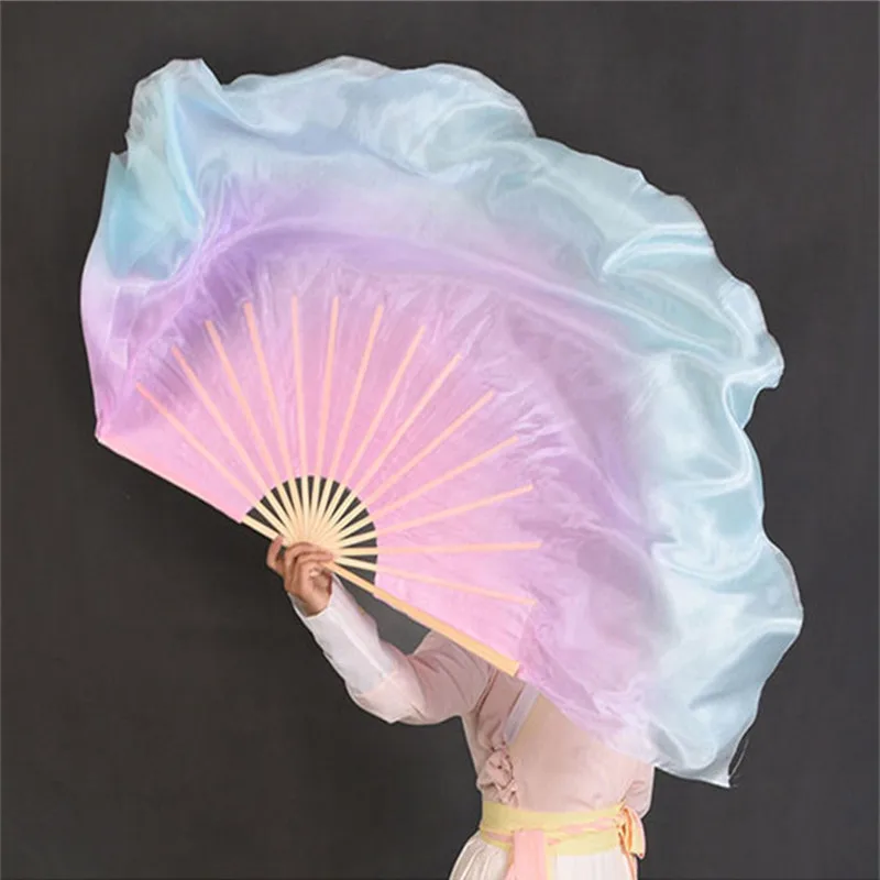 Real Silk Veil 1 Pair Colorful Yangko Dancing 100% Silk Bamboo Veils Dancer Short Fan Gradient Color 16\