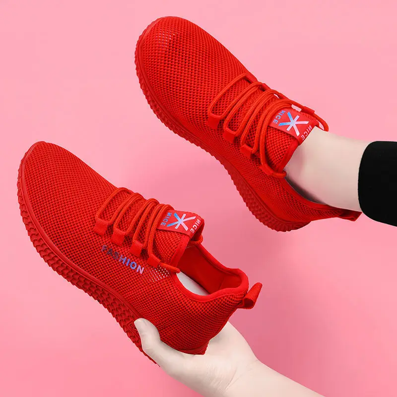 Woman Tennis Shoes Lace Up Ladies Red Light Gym Sports Shoes Female Sneakers Breathable Women Flats Outdoor Walking Shoes