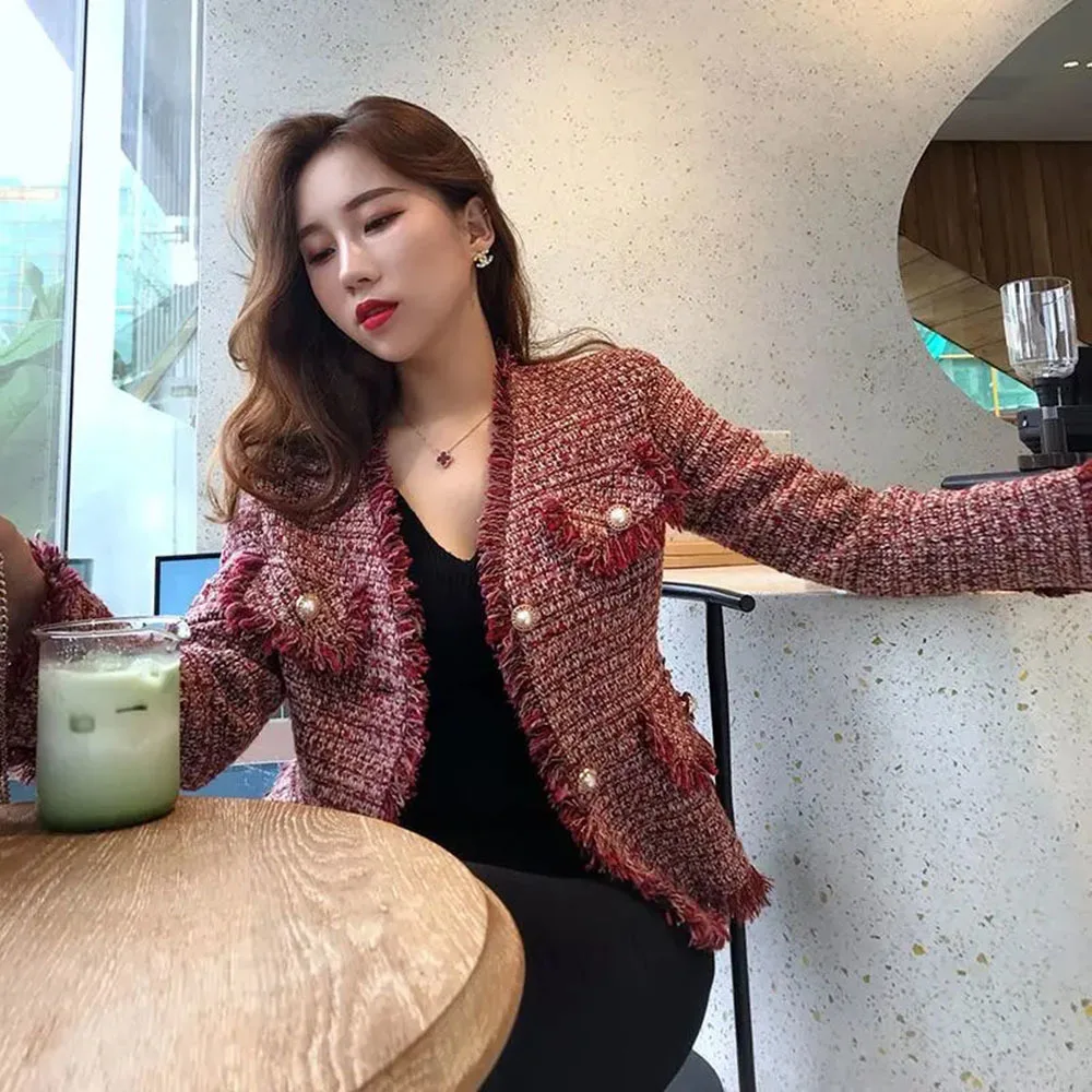 New Women Retro Elegant Red Plaid Office Jacket Coat Autumn Slim Lady Tassel Pearl Metal Single-Breasted Tweed Short Tops Coat