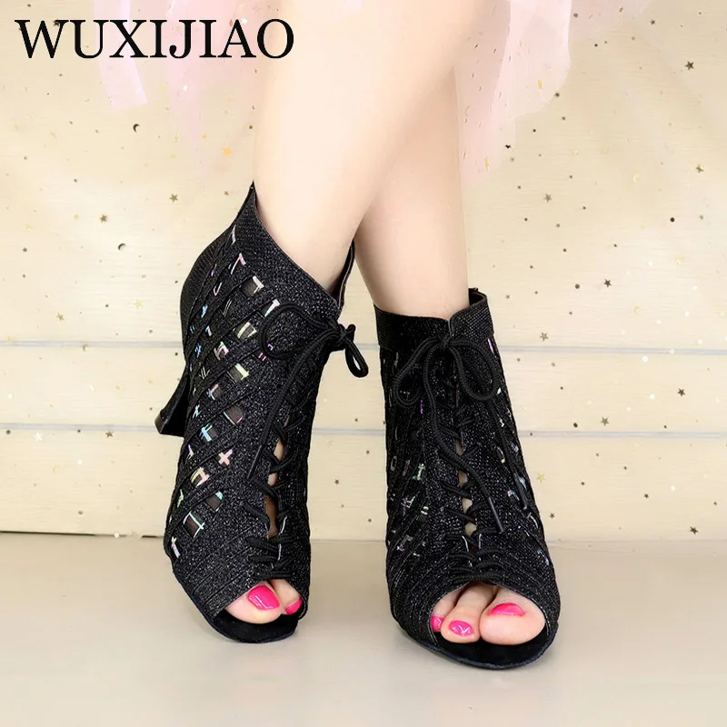 WUXIJIAO Latin dance high boots shoes soft sole shoes salsa ballroom ladies mesh dance shoes Cuba high heels  9CM