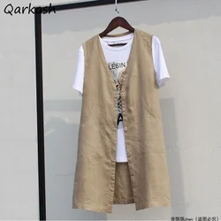 Vests Women Unisex Causal Simple Cozy Summer All-match Single Breasted V-neck Solid Couple Long Style Linen BF Outerwear Fashion