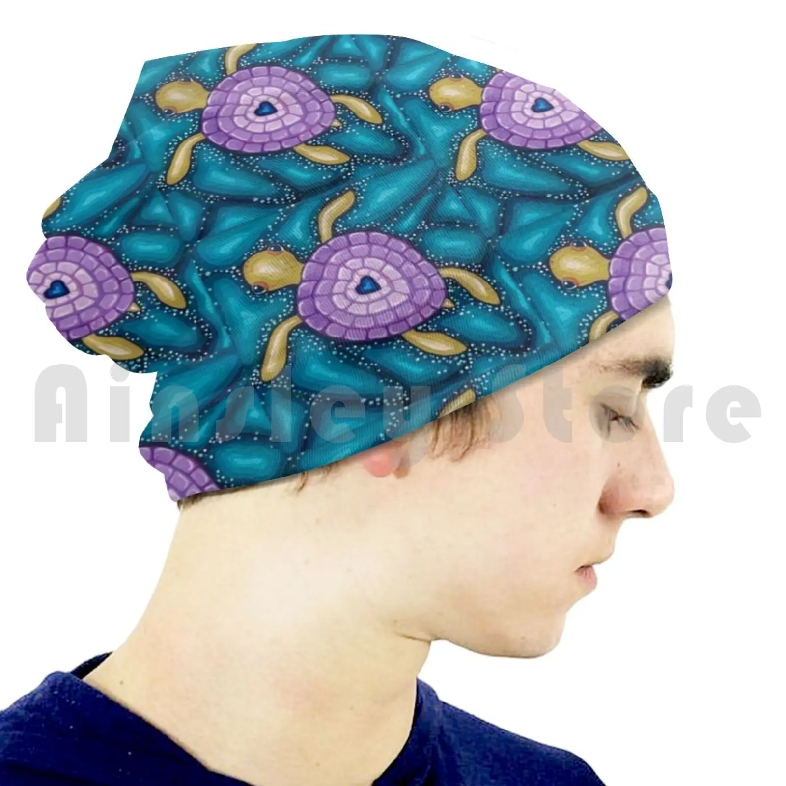 Little Purple Turtle Beanie Hedging Cap DIY Print Cushion Turtle Sea Turtle Sea Ocean Bubbles Purple Heart Aqua Love