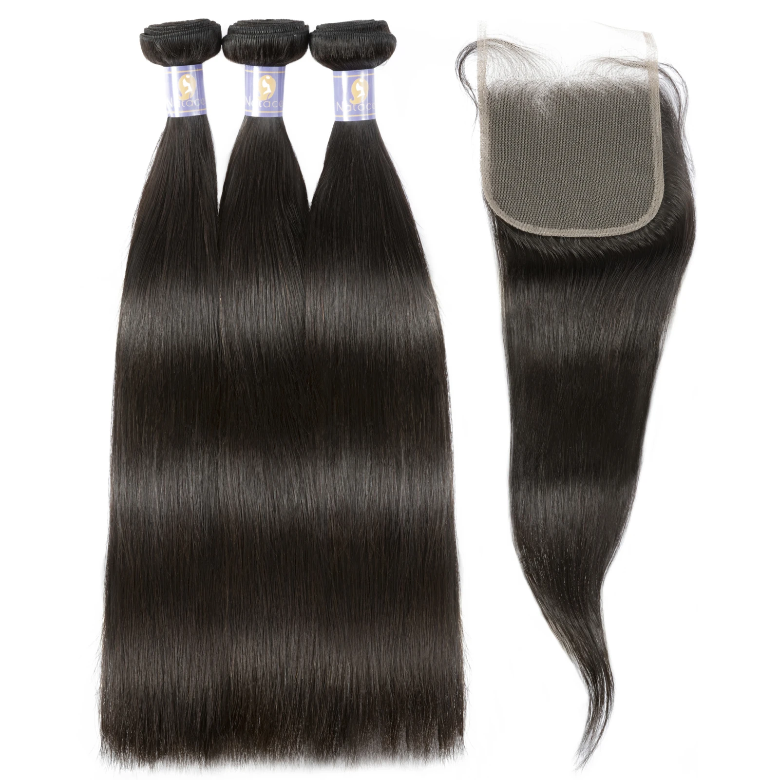 Natacee 12A Brazilian Human Hair Bundles Weave Straight Women Virgin Hair Extensions Weft Bundles Unprocessed with Lace Closure