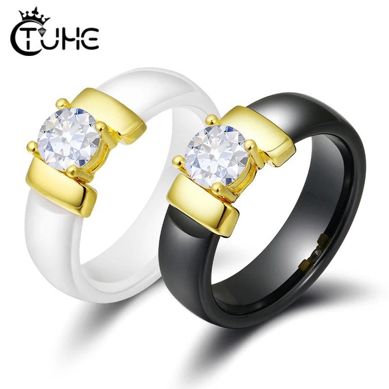 6mm White Black Ceramic Rings Plus Cubic Zirconia For Women Gold Color Stainless Steel Women Wedding Ring Engagement Jewelry