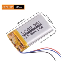 3 lines 502035 3.7V 400mAh Rechargeable li-Polymer Battery For Mini 0801 Ambarella A2S60 bluetooth headset GPS MP3 Wrist Watch