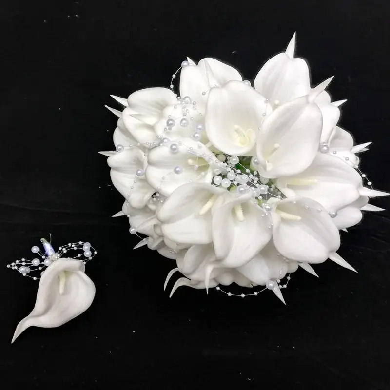 Round Bridal Bouquet White Calla Lily with Artificial Pearl Wedding Flowers Decoration Mariage