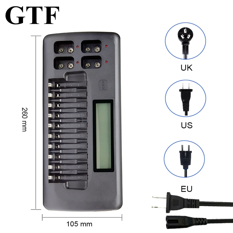 

GTF 14 Slots Battery Charger for 1.2V AA/AAA 9V Rechargeable Batteries LCD Display Smart Ni-Cd LI-ION NI-MH Battery Charger