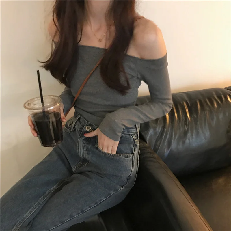 Long Sleeve T-shirts Women Design Sexy Off-shoulder Slim Basic Cropped Tshirts Woman Solid Chic Elegant Slash Neck Tops Ulzzang