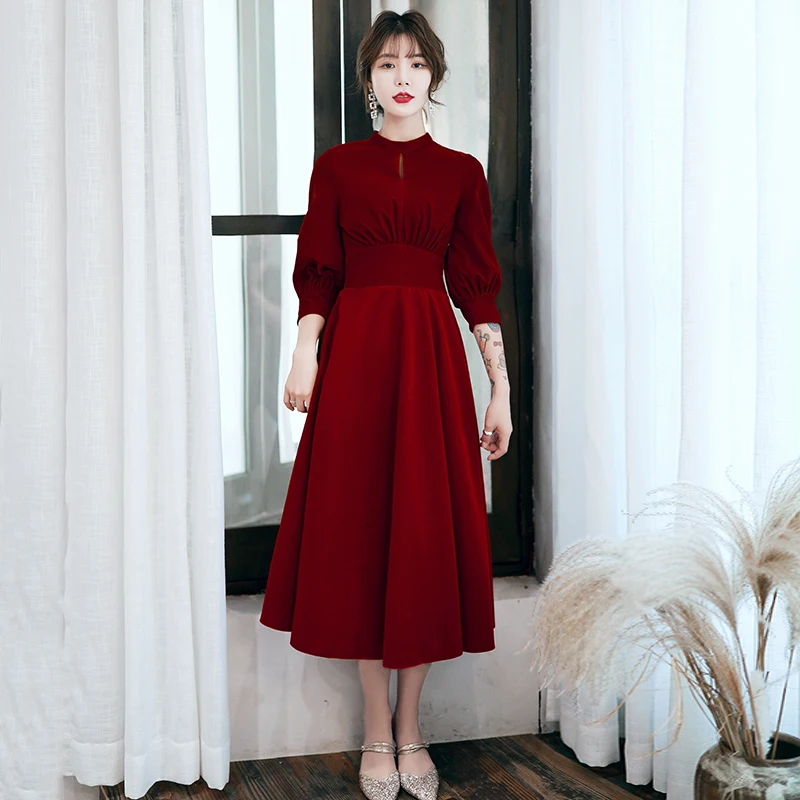 

Burgundy Evening Dresses Vintage Pleat O-neck Three Quarters Sleeves A-line Tea-length Women Plus size Formal Party Dress A058