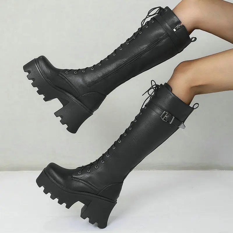 Platform Square High Heel Women Knee High Boots PU Leather Motorcycle Boots Short Plush Winter Boots Square Toe Lace Up Boots