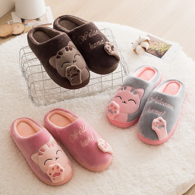 Women Winter Home Slippers Cute Cartoon Cat Non-slip Couples Warm Indoor House Floor Shoes Female Male Bedroom Plush Footwear