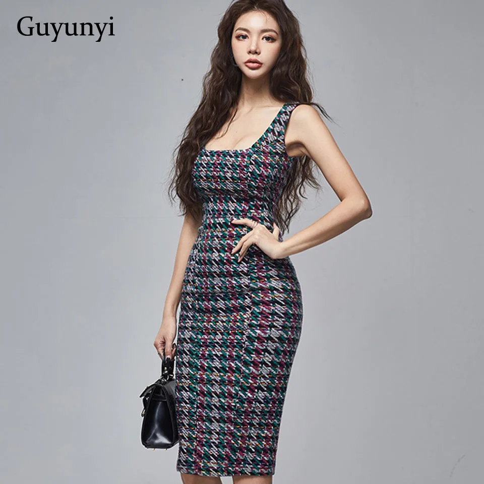 High Waist Slim Elegant Dress Summer Simple Small Sexy Square Collar Sleeveless Fashion Printing Women\'s Party Dress