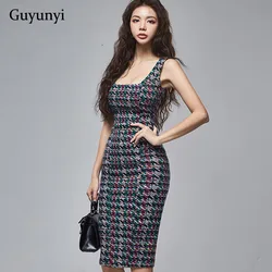 High Waist Slim Elegant Dress Summer Simple Small Sexy Square Collar Sleeveless Fashion Printing Women's Party Dress