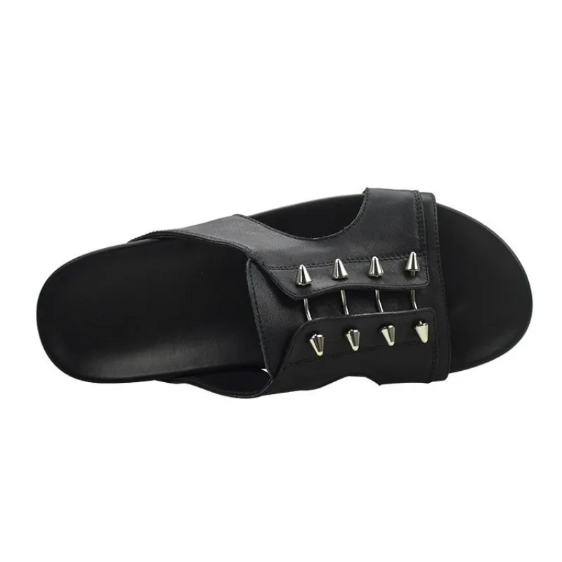 

Style Genuine Leather British Slippers Mens Summer Casual Slides Streetwear Rivets Breathable Flats Platform Sandals Beach Shoes