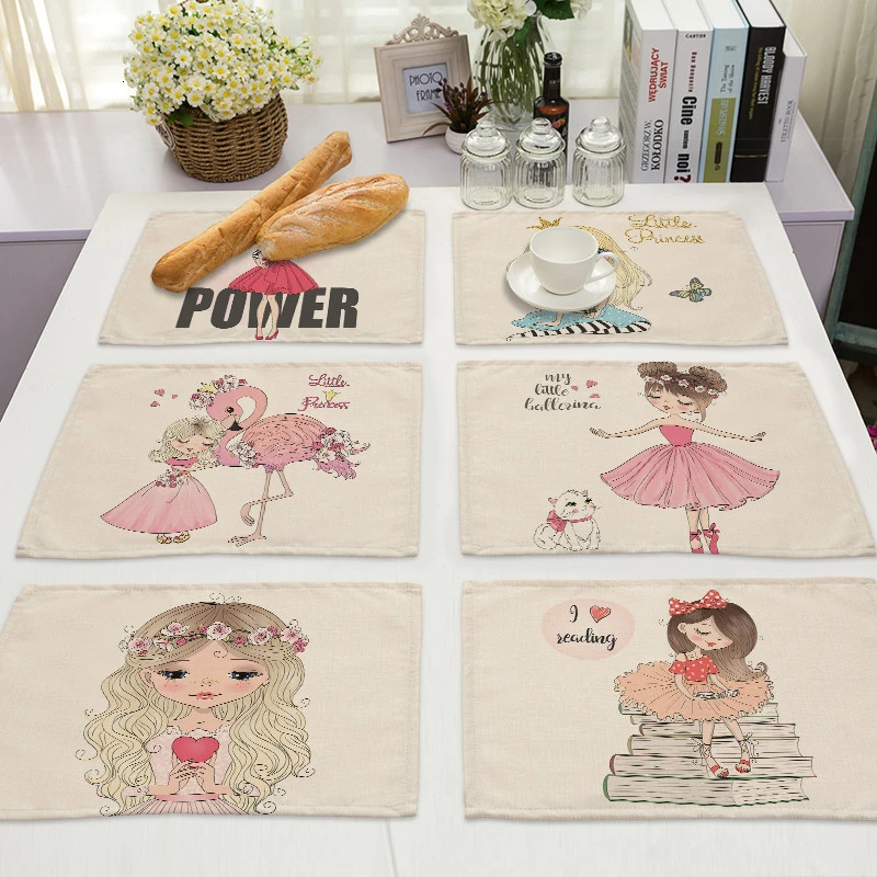 1Pcs Cute Girl Cotton Linen Pad Pattern Kitchen Placemat Kawaii Coaster Bowl Cup Mat Dining Table Mats 42*32cm Home Decor PM0044