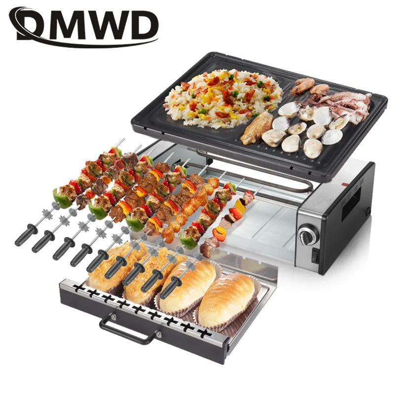 DMWD Household electric oven smoke-free non stick electric baking pan grill skewers household machine barbecue grill