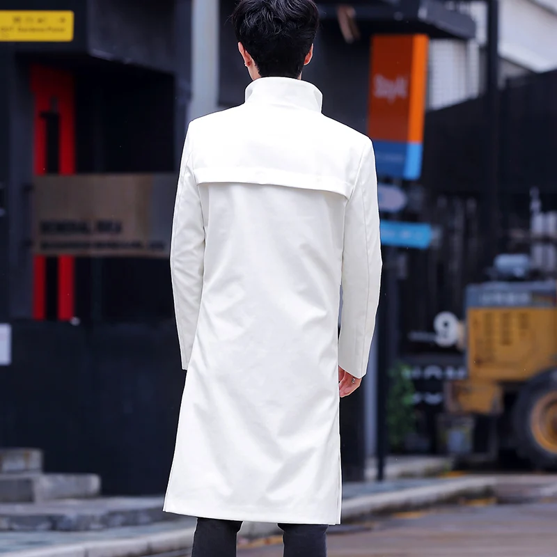 2022 Spring White Long Leather Jackets Mens Leather Trench Coats Stylish Overcoats Stand Collar Steampunk Fashionable Black Slim