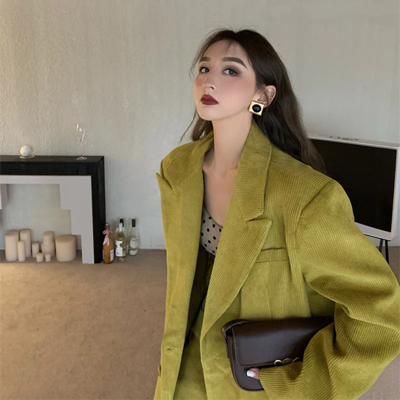 Vintage French Style Loose Women Blazer Double Breasted Casual Female Suit Coat Turn Down Collar Outerwear With Pockets