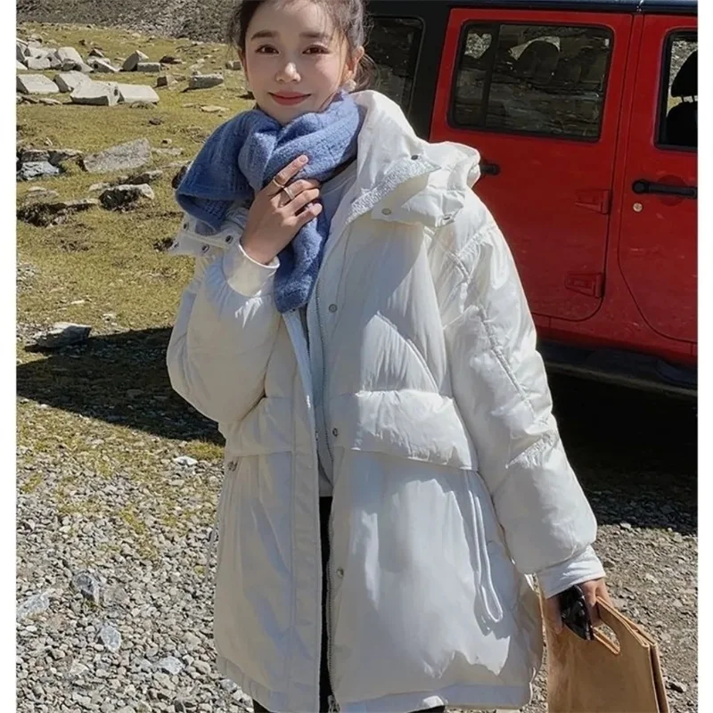 Winter 2021 New Korean Down Cotton Jacket Women Mid-Length Fashion Pink Thick Hooded White Duck Down Jacket M190
