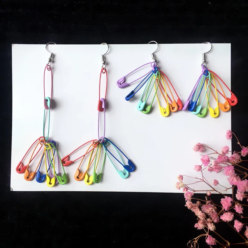 Creative Interesting Paper clip pin Long Tassel Drop earrings For Women Girls Rainbow Color Dangle Earrings Jewelry