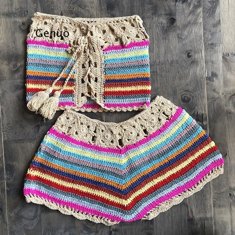 Colorful Striped Strapless Crochet Tube Crop Top and Skirt Summer Beach Women 2 Piece Set Dress Girls Bikini Beachwear