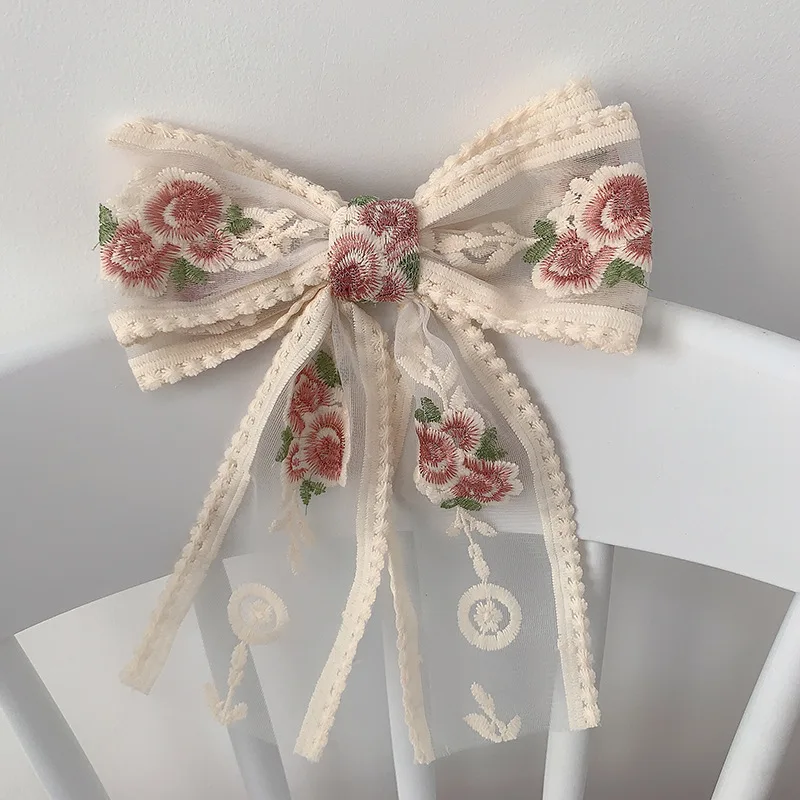 Korean Style Embroidery Hair Bows Clip For Women Ponytail Girls Wedding Lace Ribbon Japan Hairpins Barrette Hair Accessories