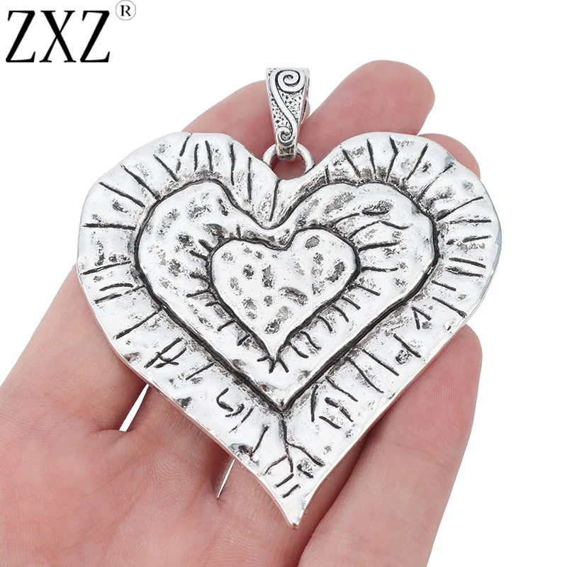 2pcs Tibetan Silver Large Hammered 3 Layer Heart Charms Pendants for Necklace Jewelry Making Findings 69x65mm