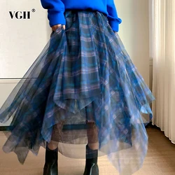 VGH Casual Plaid Patchwork Mesh Women's Skirts High Waist Hit Color Elegant A Line Skirt For Female 2020 Spring Fashion Clothing