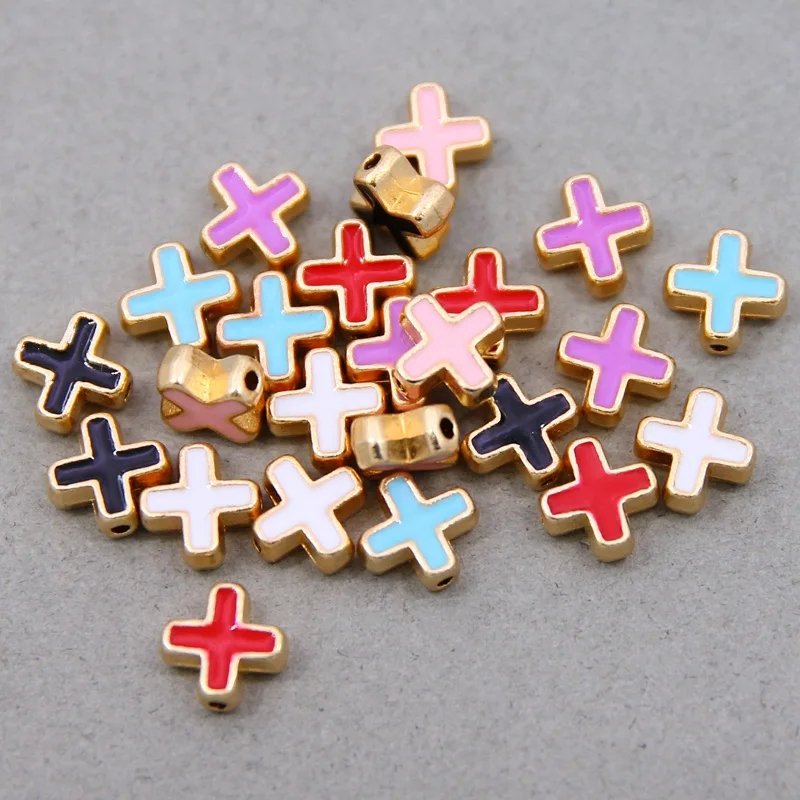 10pcs 10mm Colored Enamel  Beads Cross Beads Handmade Fit For charm Jewelry Making  Cross Spacer Beads Accessories