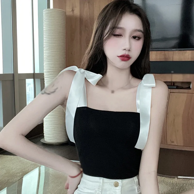 Fashion Elastic Shoulder Tie Bow Women Slim Short Sling Vest Patchwork Color Ladies Sleeve Summer Cooling Tops