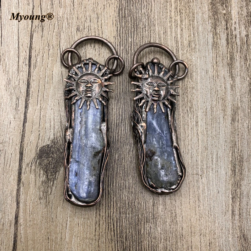 10PCS Boho Jewelry Soldering Bronze Plated Irregular Natural Kyanite Quartz Stone Vintage Sun Pendants MY210419