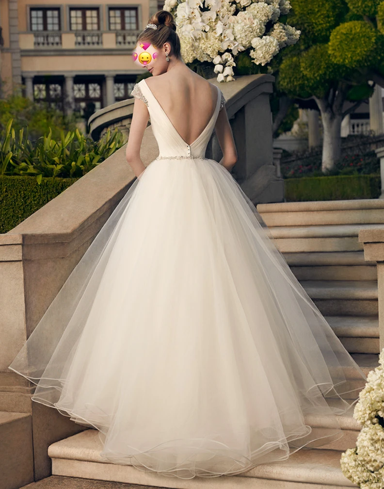 Luxury Beading Princess Wedding Dress Backless Court Train Saudi Arabia Bridal Wedding Ivory Tulle Cap Sleeve