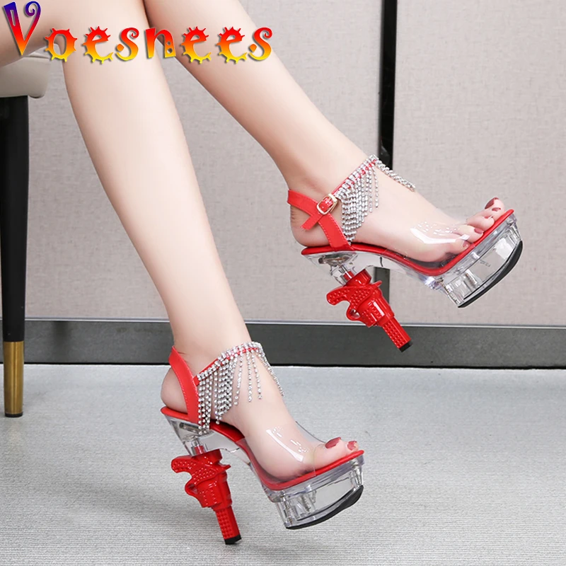 Voesnees 2021 Women's Sandals Transparent Solid Color Sexy Elegant Ladies Shoes 14cm High Heel Platform Rhinestone Wedding Shoes