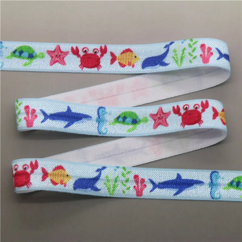 DHK 5/8\'\' 5yards fox shark dinosaur animals printed Fold Elastic FOE stretch ribbon hairbow headwear headband DIY OEM E1634