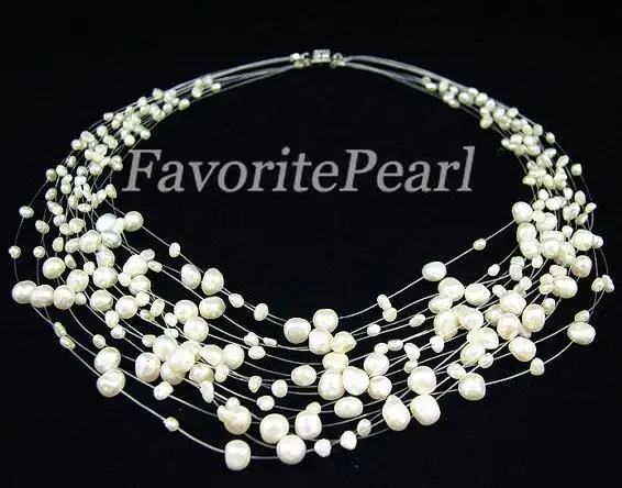 Favorite Pearl Necklace Wedding Bridesmaid 15 rows Genuine Freshwater Pearl Illusion Necklace Floating Fine Women Jewelry