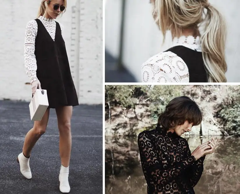 2022 Spring Summer Women Temperament Chiffon Pure Openwork Lace Top Lantern Sleeve Fashion Shirt Bottom