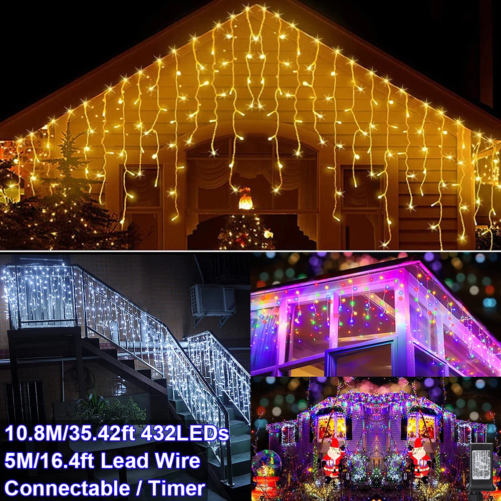 10.8M 8 Modes Christmas LED Icicle Lights + 5M Lead Wire Waterproof Outdoor Timer Garland String Lamp Patio New Year Decoration