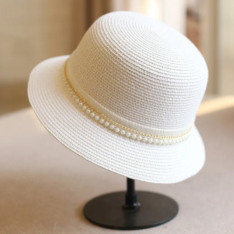 

Women's Summer Dome Sun Hats with Pearl Decor Fashion Korean Style Outdoor Straw Woven Hats Beach Hats Casual Bucket Hats