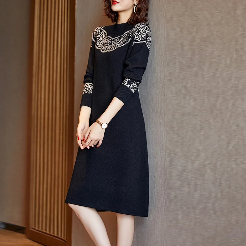 Autumn Winter Print Knitted Cotton Midi Sweater Dresses Women Korean Vintage Casual Pullovers 2024 Elegant Bodycon Coat Sweaters