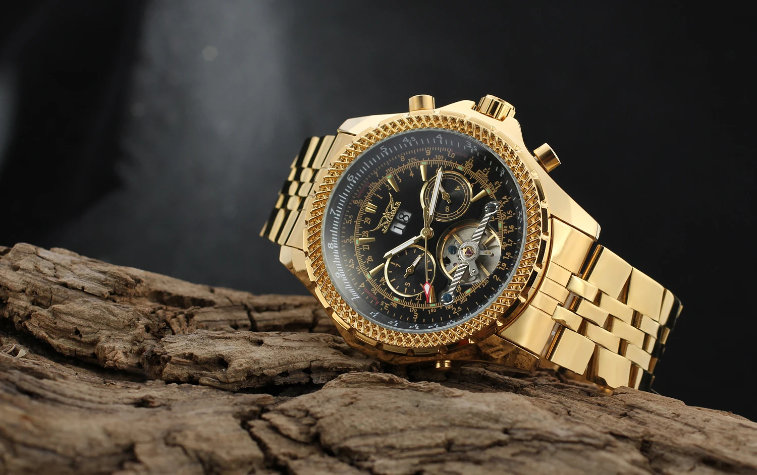 JARAGAR Alloy mechanical watch Casual flywheel nail scale mechanical watch Calendar week Gold strap Wrist watch