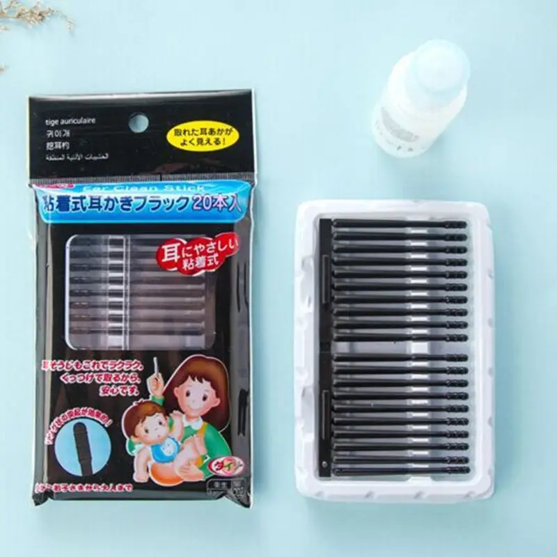 20Pcs/Pack Black Disposable Sticky Ear Swabs Pick Spiral Tips Wax Removal Remover Tool Kit Nasal Cleaner Stick Portable #11