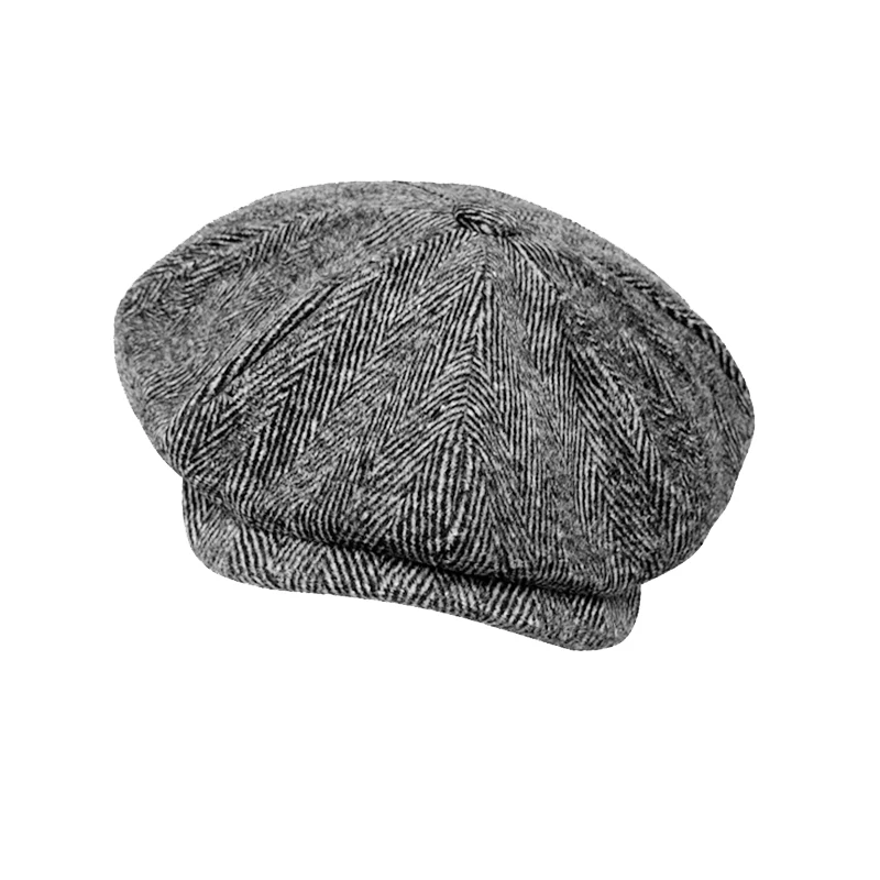 Newsboy Hat Men Gray Wool Octagonal Cap Spring Autumn Winter Herringbone Baker Boy Hat Men\'s Stylish Caps Eight-Blade Cap NM06