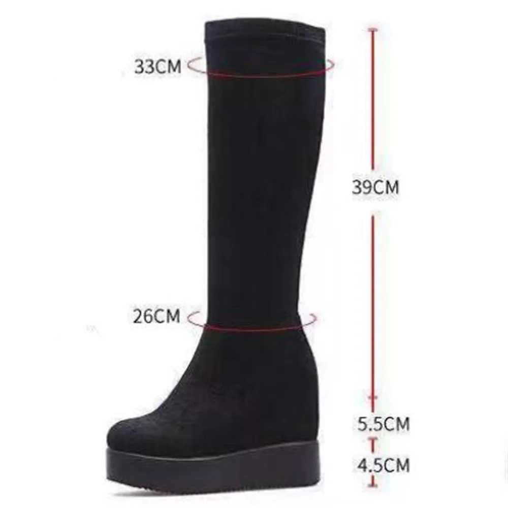 Autumn Winter Warm Wedges Knee High Boots Inner Increase Women's Round Toe Elastic Boots Long Tube Muffin Bottom Female Shoes